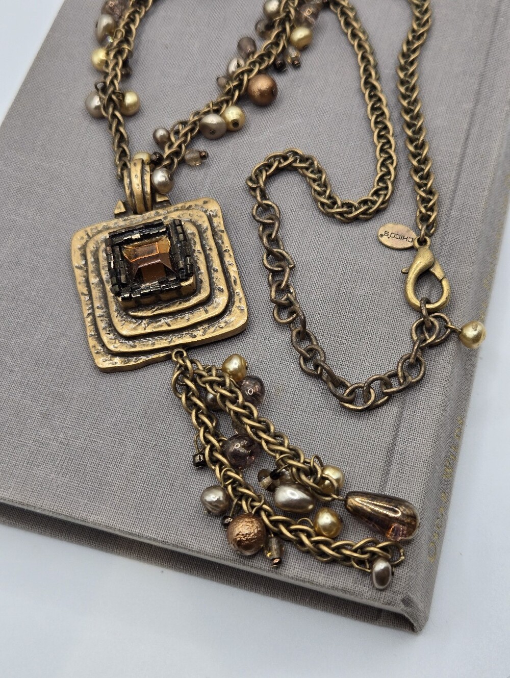 VTG Y-Drop Whimsigoth Necklace Victorian Revival Brutalist Chunky Antique Gold